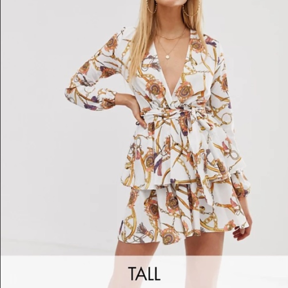 Tall plunge front dress white vintage chain print